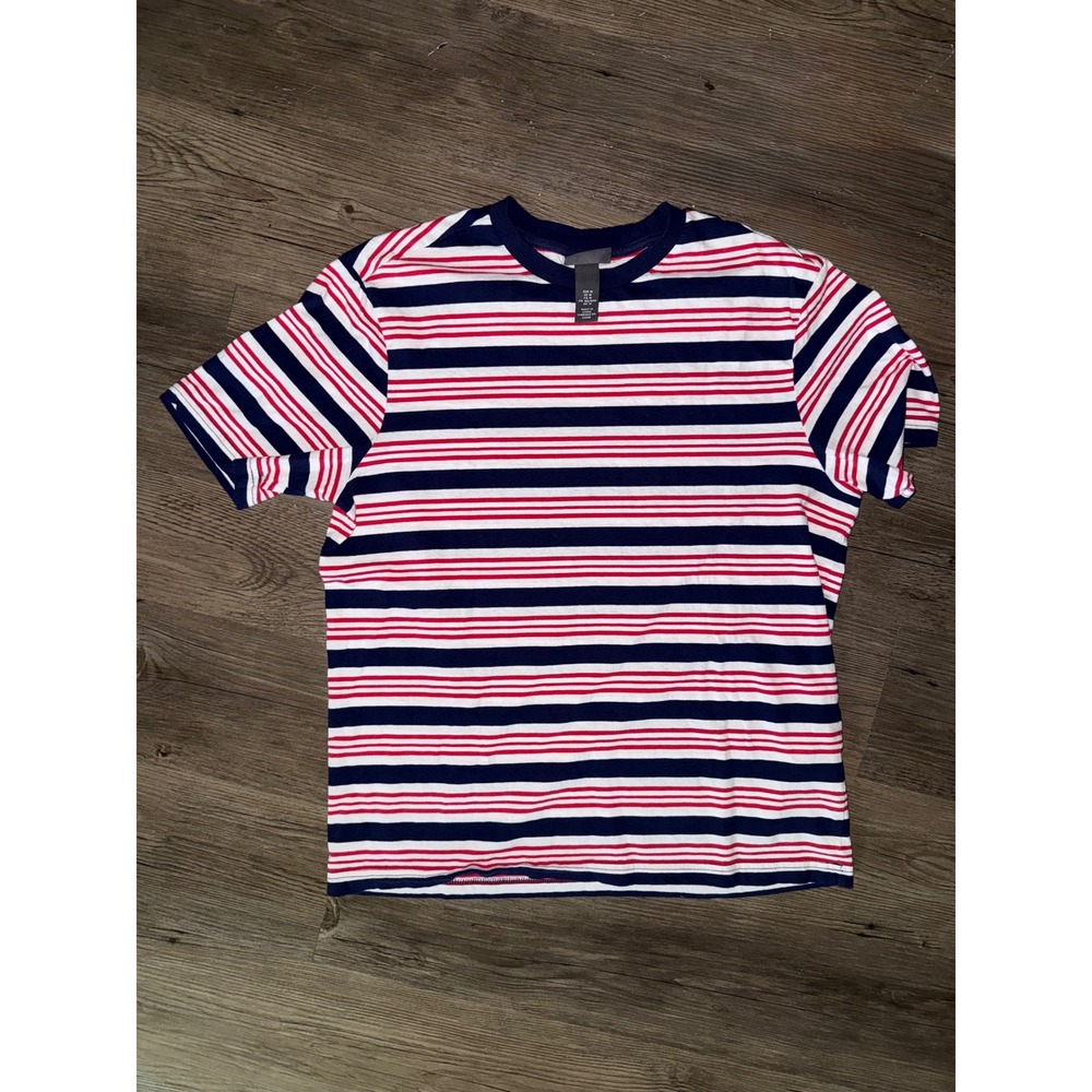 HM Mens Regular Fit Striped T-Shirt Navy Blue Red White Short Sleeve Size M